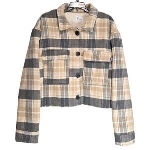 Hurley Women’s XL Sherpa Jacket Cropped Plaid Tan Gray Cream Cozy Fall Free Ship